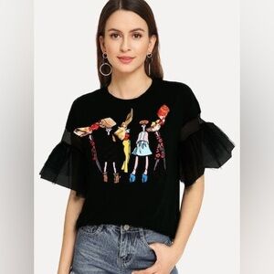 Beulah Black Graphic Ruffle Sleeve Top